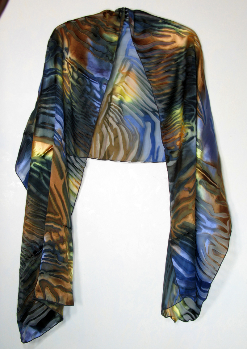 Hand-painted silk/rayon shawl - copper blues